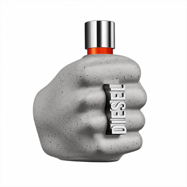 A gray, fist-shaped bottle with a silver cap and the word "DIESEL" in metallic letters embedded in the side, containing Diesel Only The Brave Street EDT Spray for Men, 50ml.