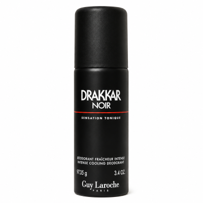 A black 3.4 oz can of Drakkar Noir Intense Cooling Deodorant by Guy Laroche, standing upright on a white background.