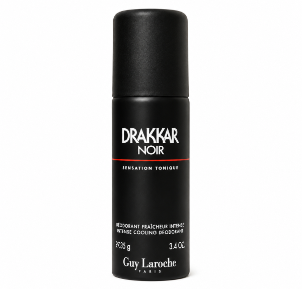A black 3.4 oz can of Drakkar Noir Intense Cooling Deodorant by Guy Laroche, standing upright on a white background.