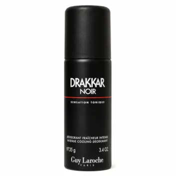 A black 3.4 oz can of Drakkar Noir Intense Cooling Deodorant by Guy Laroche, standing upright on a white background.