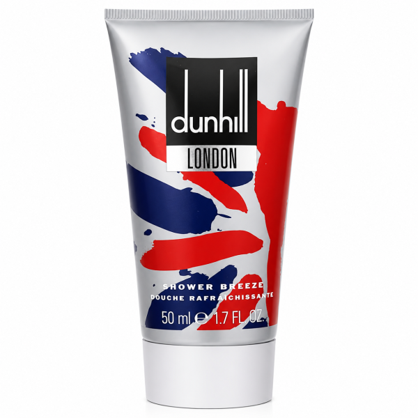 A tube of Dunhill London Shower Breeze, 50 ml, with abstract red, blue, and white brush strokes on the packaging.