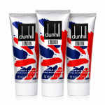Three tubes of Dunhill London shower gel, each 50ml, featuring a white background and packaging with red, blue, and white brushstroke designs.