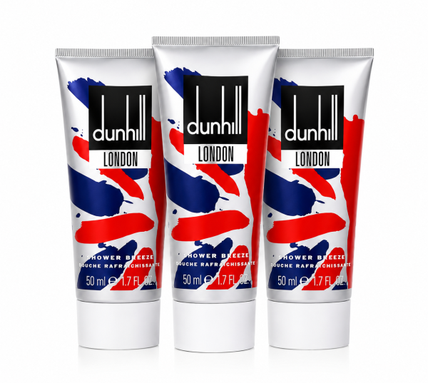 Three tubes of Dunhill London shower gel, each 50ml, featuring a white background and packaging with red, blue, and white brushstroke designs.