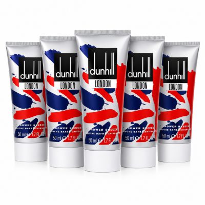Five tubes of Dunhill London shower gel are arranged in a row, each with a 50 ml capacity and decorated with red, white, and blue brushstroke designs.