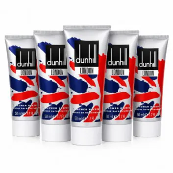 Five tubes of Dunhill London shower gel are arranged in a row, each with a 50 ml capacity and decorated with red, white, and blue brushstroke designs.