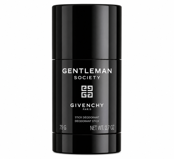 Givenchy Gentleman Society deodorant stick, 75g, in a sleek black cylindrical container with white text and the Givenchy logo.