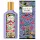 A bottle and box of Gucci Flora Gorgeous Magnolia perfume, both featuring a colorful floral design with pink, yellow, and blue flowers on a light purple background.