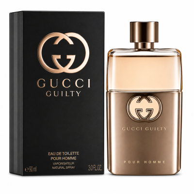 Gucci Guilty Pour Homme eau de toilette spray bottle and packaging, both in metallic gold with the Gucci logo and product details.