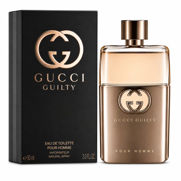 Gucci Guilty Pour Homme eau de toilette spray bottle and packaging, both in metallic gold with the Gucci logo and product details.