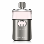A sleek silver and glass bottle of Gucci Guilty 90ml Eau De Toilette for Men features a metallic cap and the signature Gucci logo on the front.