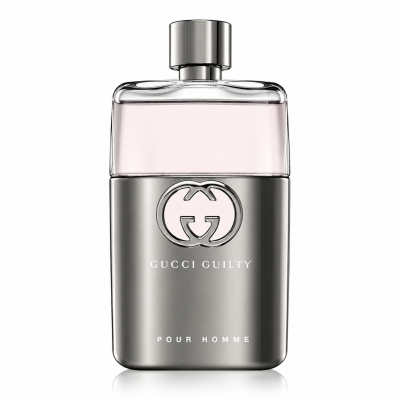 A sleek silver and glass bottle of Gucci Guilty 90ml Eau De Toilette for Men features a metallic cap and the signature Gucci logo on the front.