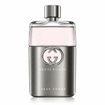 A sleek silver and glass bottle of Gucci Guilty 90ml Eau De Toilette for Men features a metallic cap and the signature Gucci logo on the front.