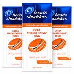 Three bottles of Head & Shoulders Extra Strengthening Tonic, hair endurance collection, with caffeine, for reducing hair fall due to breakage, standing side by side against a white background.
