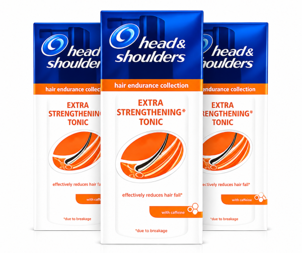 Three bottles of Head & Shoulders Extra Strengthening Tonic, hair endurance collection, with caffeine, for reducing hair fall due to breakage, standing side by side against a white background. Three bottles of Head & Shoulders Extra Strengthening Tonic, hair endurance collection, with caffeine, for reducing hair fall due to breakage, standing side by side against a white background.