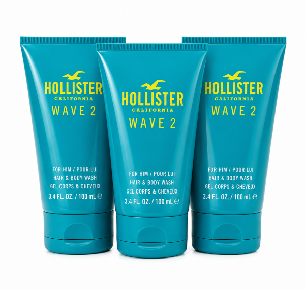 Two teal tubes of Hollister Wave 2 Shower Gel Body Wash for Men, each 100 ml, arranged side by side on a white background.