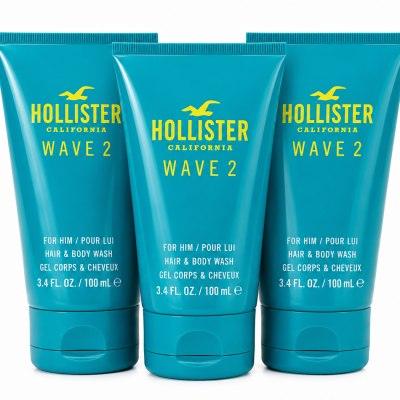 Three teal bottles of Hollister Wave 2 Shower Gel Body Wash for Men, each 100 mL (3.4 fl. oz.), are standing upright in a row on a white background.
