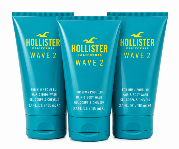 Three teal bottles of Hollister Wave 2 Shower Gel Body Wash for Men, each 100 mL (3.4 fl. oz.), are standing upright in a row on a white background.