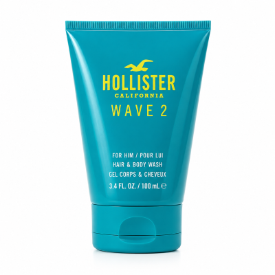 Set of three teal tubes of Hollister Wave 2 Shower Gel Body Wash for Men, 100ml each, displayed upright against a white background.