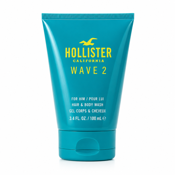 Set of three teal tubes of Hollister Wave 2 Shower Gel Body Wash for Men, 100ml each, displayed upright against a white background.
