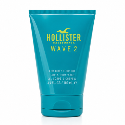 A set of three teal tubes of Hollister Wave 2 Shower Gel Body Wash for men, 100 ml each, with yellow text on the front.