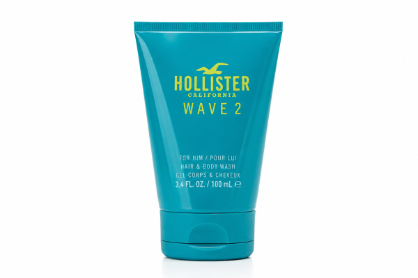 A set of three teal tubes of Hollister Wave 2 Shower Gel Body Wash for men, 100 ml each, with yellow text on the front.