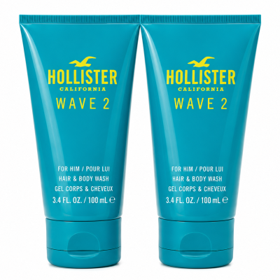Three identical teal tubes of Hollister Wave 2 Shower Gel Body Wash for Men, each containing 3.4 fl oz (100 mL), are displayed side by side against a white background.