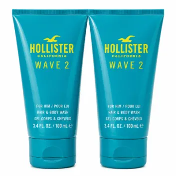 Three identical teal tubes of Hollister Wave 2 Shower Gel Body Wash for Men, each containing 3.4 fl oz (100 mL), are displayed side by side against a white background.