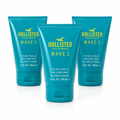 Three teal tubes of 3x Hollister Wave 2 Shower Gel Body Wash for Men, each containing 100ml, are standing upright on a white background.