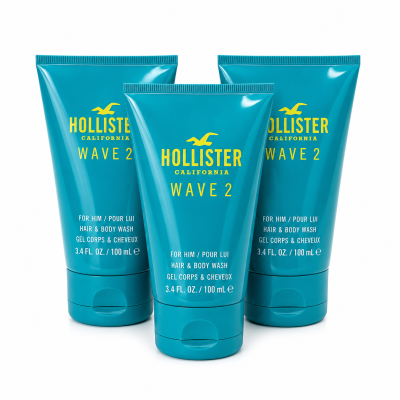 Three teal tubes of 3x Hollister Wave 2 Shower Gel Body Wash for Men, 100ml each, are arranged upright against a white background.