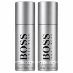 Two silver cans of Hugo Boss Bottled deodorant spray, each 150 ml, standing side by side against a white background.