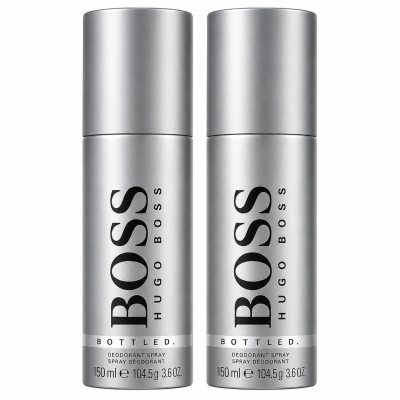 Two silver cans of Hugo Boss Bottled deodorant spray, each 150 ml, standing side by side against a white background.