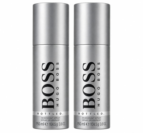 Two silver cans of Hugo Boss Bottled deodorant spray, each 150 ml, standing side by side against a white background.
