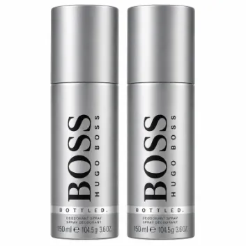 Two silver cans of Hugo Boss Bottled deodorant spray, each 150 ml, standing side by side against a white background.