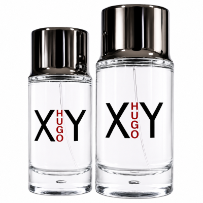 Two clear glass perfume bottles with metallic caps, labeled "XY HUGO," are placed side by side on a white background.