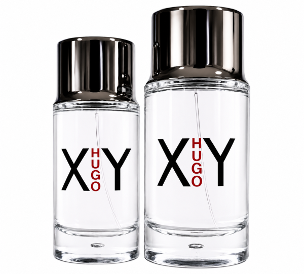 Two clear glass perfume bottles with metallic caps, labeled "XY HUGO," are placed side by side on a white background.