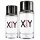 Two clear glass perfume bottles with metallic caps, labeled "XY HUGO," are placed side by side on a white background.