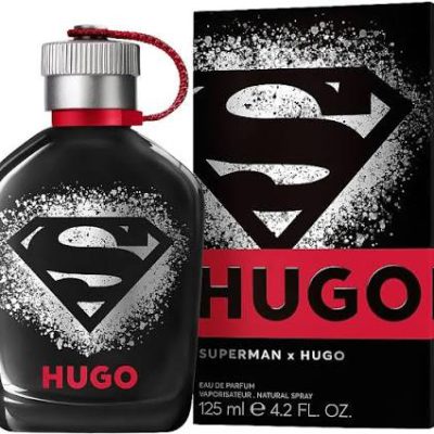 The Hugo Boss Hugo X Superman Eau de Parfum Spray, 125ml, features a black bottle and box with the Superman logo and "HUGO" branding.
