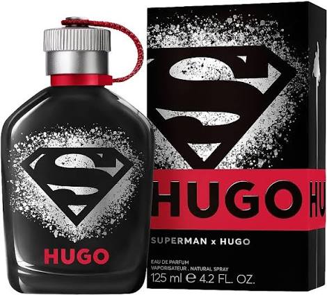 The Hugo Boss Hugo X Superman Eau de Parfum Spray, 125ml, features a black bottle and box with the Superman logo and "HUGO" branding.