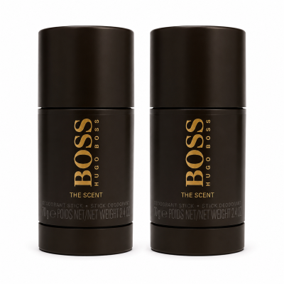 Two brown cylindrical deodorant sticks with gold "BOSS HUGO BOSS" branding and "THE SCENT" text, each labeled 75ml. These 2x Hugo Boss The Scent Deodorant Sticks for Men stand upright on a white background.