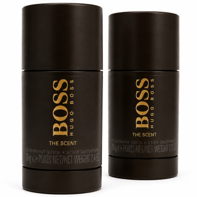 Two black cylindrical sticks of "Hugo Boss The Scent Deodorant Stick for Men, 75ml" are displayed upright against a plain white background. Set includes 2 deodorant sticks.