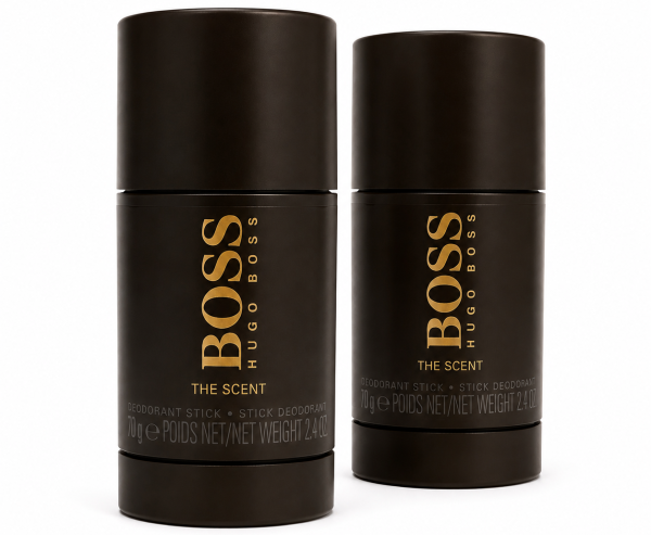 Two black cylindrical sticks of "Hugo Boss The Scent Deodorant Stick for Men, 75ml" are displayed upright against a plain white background. Set includes 2 deodorant sticks.