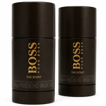 Two black cylindrical sticks of "Hugo Boss The Scent Deodorant Stick for Men, 75ml" are displayed upright against a plain white background. Set includes 2 deodorant sticks.