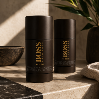 Two 75ml Hugo Boss The Scent Deodorant Sticks for Men are displayed on a marble surface, with soft sunlight, gentle shadows, a plant, and a bowl in the background.