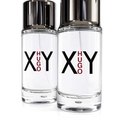 Two clear glass perfume bottles with shiny silver caps, labeled "XY HUGO" in bold black and red letters, are displayed against a plain white background.