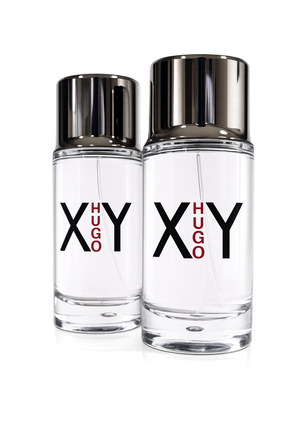Two clear glass perfume bottles with shiny silver caps, labeled "XY HUGO" in bold black and red letters, are displayed against a plain white background.