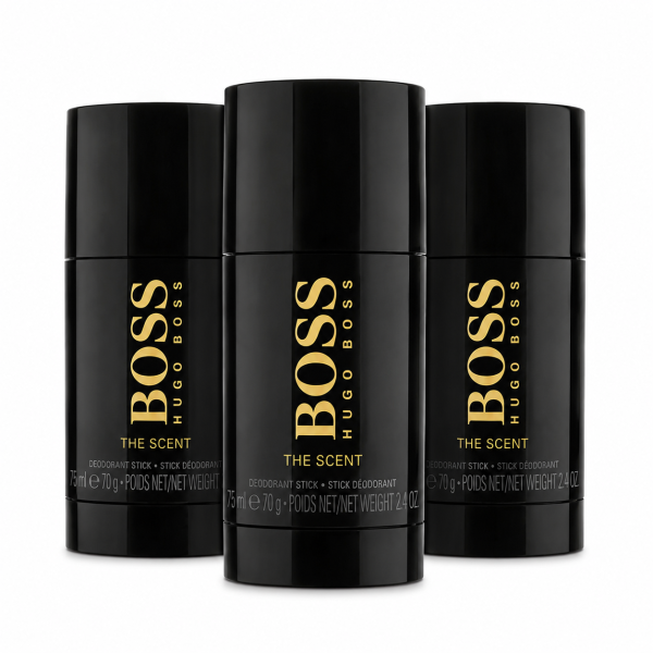 Three black Hugo Boss "The Scent" deodorant sticks are arranged against a white background, with one in front and two slightly behind.
