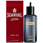 A 200ml bottle of Jean Paul Gaultier Scandal Pour Homme Eau de Toilette Refillable Spray is displayed beside its red “Recharge / Refill” box.