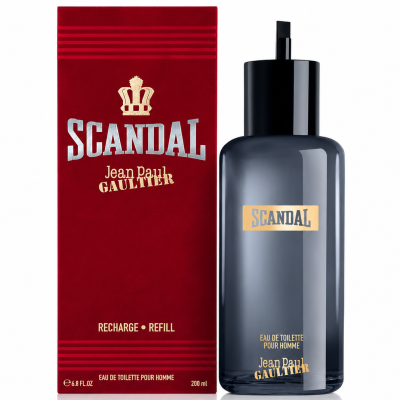 A 200ml bottle of Jean Paul Gaultier Scandal Pour Homme Eau de Toilette Refillable Spray is displayed beside its red “Recharge / Refill” box.