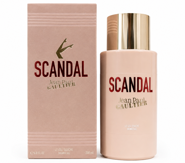 A bottle and box of Jean Paul Gaultier Scandal shower gel, featuring gold and red text with a gold cap and legs illustration on a beige background. A bottle and box of Jean Paul Gaultier Scandal shower gel, featuring gold and red text with a gold cap and legs illustration on a beige background.