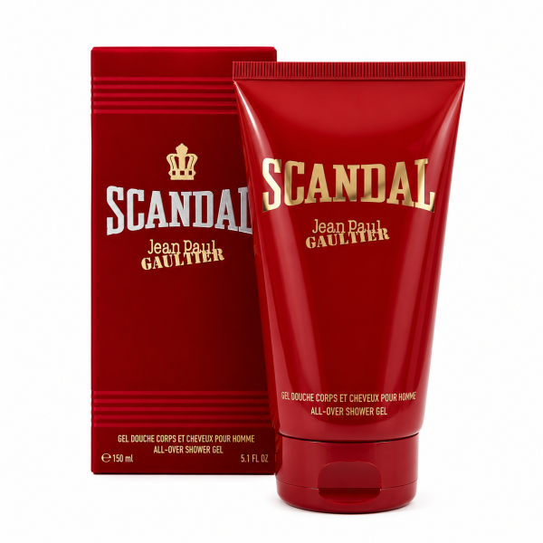 Red tube and matching box of Jean Paul Gaultier "Scandal" all-over shower gel for men, 150 ml, with gold and white text on packaging. Red tube and matching box of Jean Paul Gaultier "Scandal" all-over shower gel for men, 150 ml, with gold and white text on packaging.